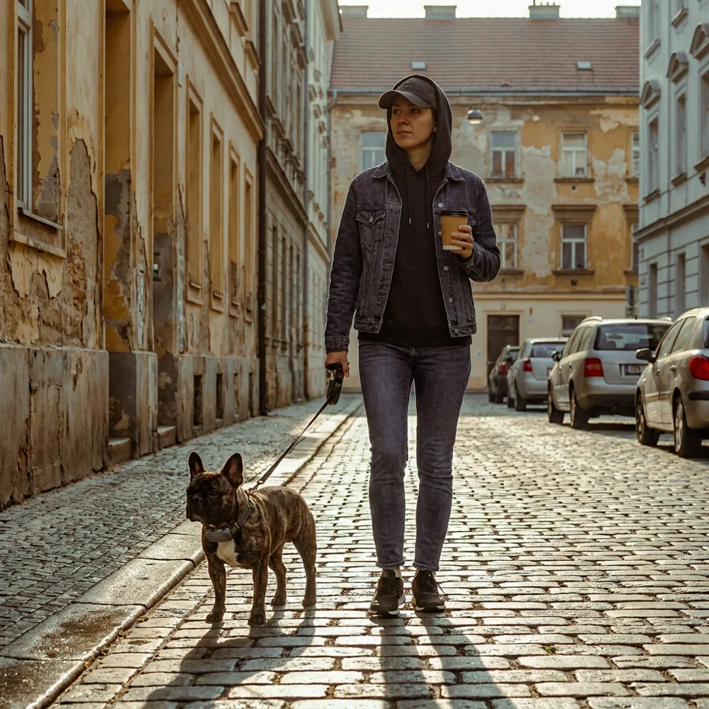 Žena s francouzským buldočkem na procházce ve městě
