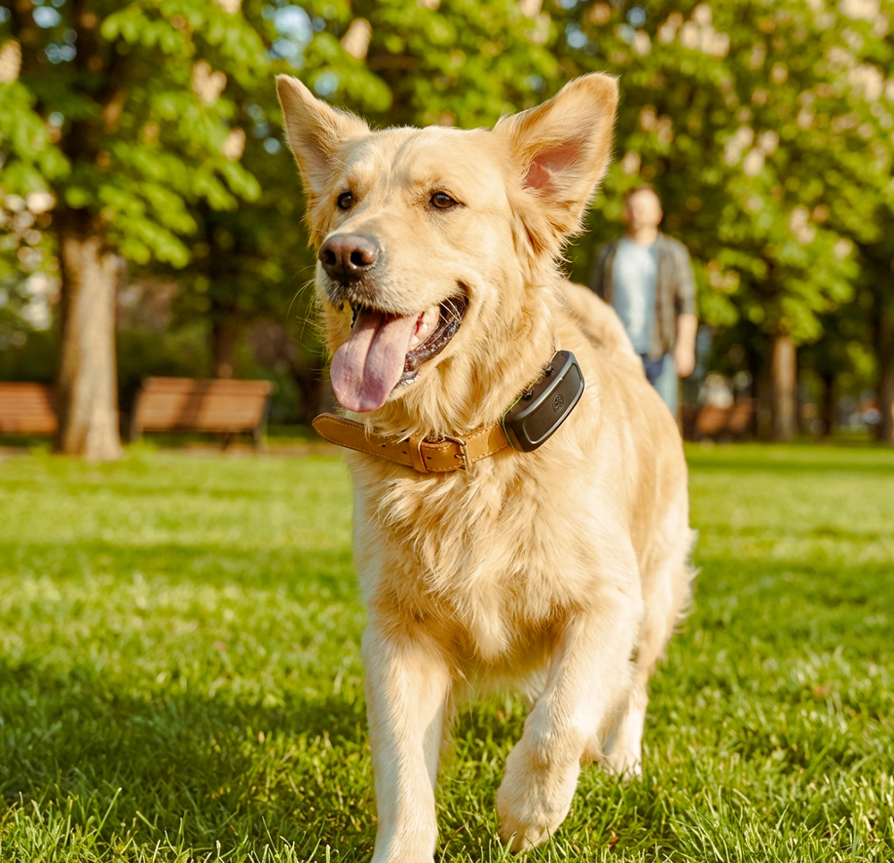 Pes s GPS trackerem na obojku